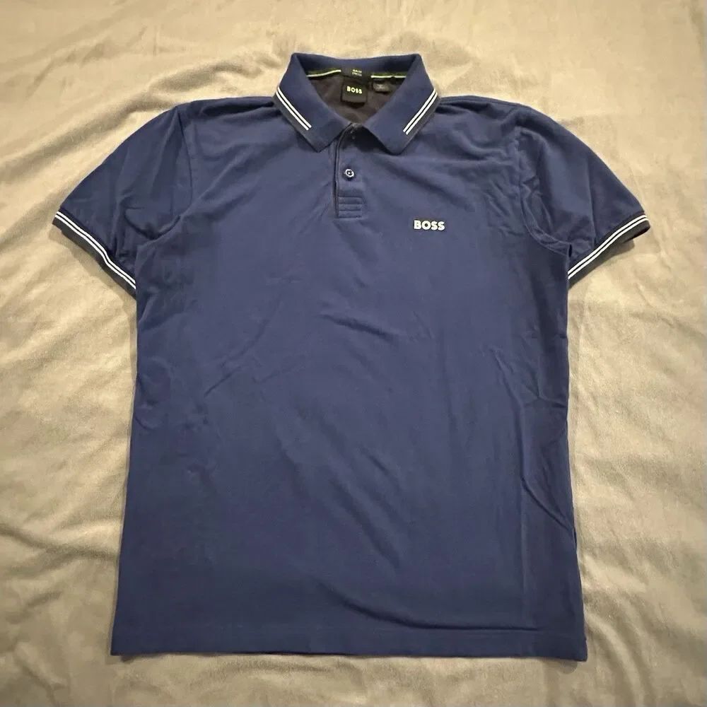 Hugo Boss Paul Polo Mens M Slim Fit Stretch Shirt Constrast Collar Cuffs Luxury